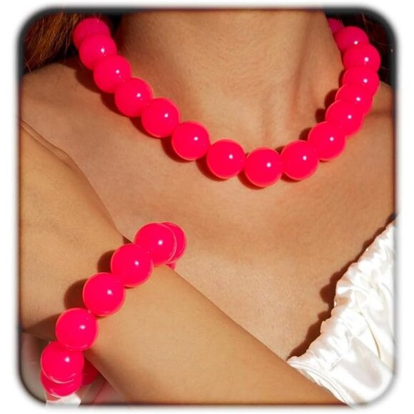 Women's Handmade Light Red Chunky Beaded Large Round Beads Bracelet Necklace - Picture 1 of 5
